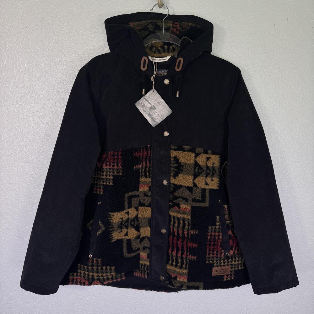 Pendleton Blanca Jacket Womens XL Black Corduroy Aztec Fleece Hooded Western NEW